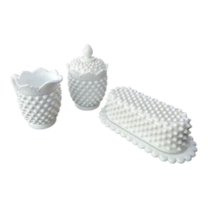 1950s Fenton White Hobnail Butter Dish, Sugar and Creamer