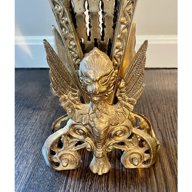 Hollywood Regency Firescreen W/Brass Peacock Feathers Gargoyle Base 1960s For Sale - Image 4 of 6