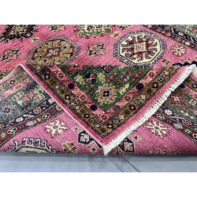 Pink Kazak Tribal Rug With Green Border, 4'11" X 6'8" For Sale - Image 13 of 13