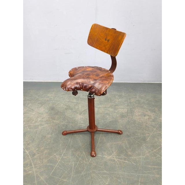 Industrial Industrial Adjustable Swivel Chair with Leather Seat, 1930s For Sale - Image 3 of 16