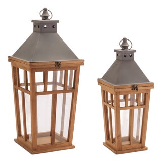 Rustic Wood and Iron Framed Lantern (Set of 2) For Sale