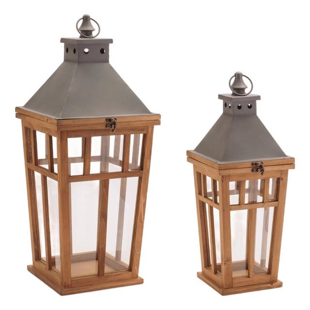 Rustic Wood and Iron Framed Lantern (Set of 2) For Sale