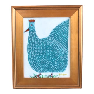 Original Folk Art Chicken Hen Painting, by the Talented Artist Ruth Arenz Including the Antiqued Gold Wood Frame For Sale