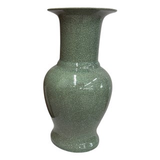 Crackle Sage Green Glazed Ceramic Vase with Tall Flared Neck For Sale