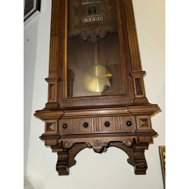 Wood 19th Century Spanish Language Calendar Wall Clock For Sale - Image 7 of 12