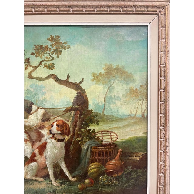 Oil on Canvas Painting of Leashed Hounds Tied to a Tree, France, 18th Century For Sale - Image 4 of 6