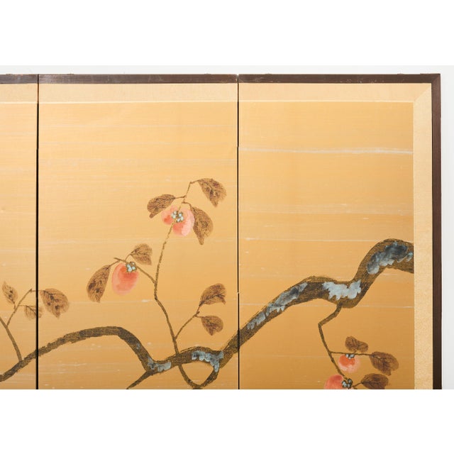 Japanese Showa Four Panel Screen Persimmon Branch in Snow For Sale - Image 11 of 18