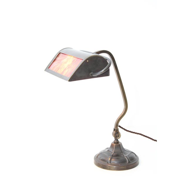 Brown Bankers Lamp in Brass with Colored Glass Insert, 1920s For Sale - Image 8 of 15
