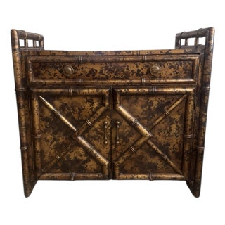 Vintage Chinoiserie Faux Bamboo Gold Tortoise Side Cabinet With Drawer For Sale