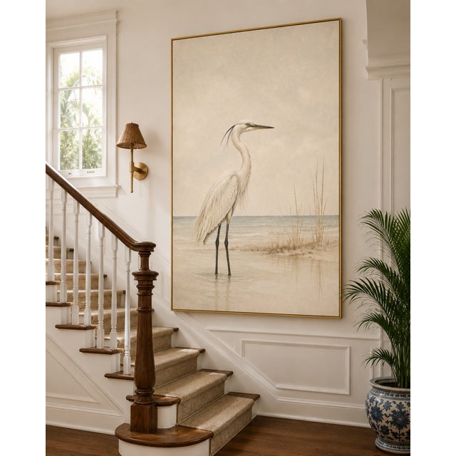 Contemporary White Egret Coastal Study, Minimalist Bird Wall Art Print, 40" X 60" For Sale - Image 3 of 9