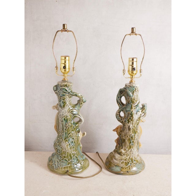 Mid 20th Century Deer Ceramic Lamps With Majolica Style Glaze - a Pair For Sale - Image 15 of 17