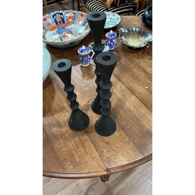 Modern Modern Matte Black Turned Metal Candle Holders - Set of 3 For Sale - Image 3 of 4