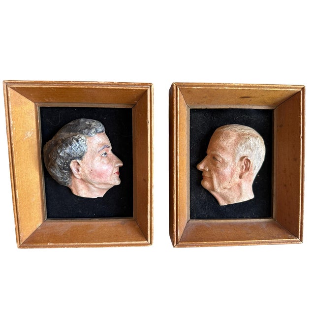 1940s Vintage Hand-Made Hand Painted Profile Portrait Reliefs in Shadow Box Frames – Pair Sculptures For Sale - Image 5 of 8