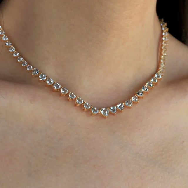 Nina Zhou Jewelry Nina Zhou 20.40ct Heart Aquamarine Riviera Graduated Tennis Necklace in 14k Gold For Sale - Image 4 of 12