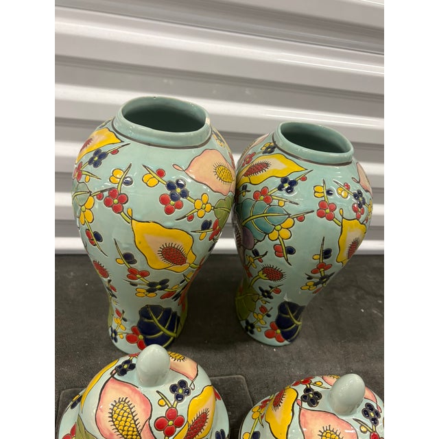2020s Hand Painted Floral Colorful Ceramic Ginger Jars With Lids - A Pair For Sale - Image 5 of 8