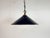 Industrial dark blue enamel factory pendant light made in United Kingdom during the 1950s. White enamel inside the shade....
