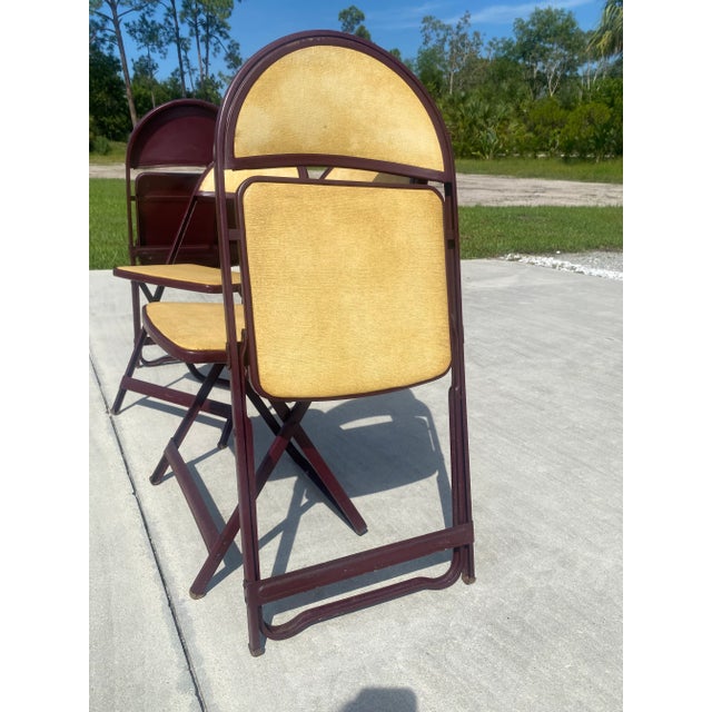 1940s Vintage Mid Century Art Deco Maroon Folding Chairs With Yellow Fabric Seats by Durham- Set of 4 For Sale - Image 10 of 12
