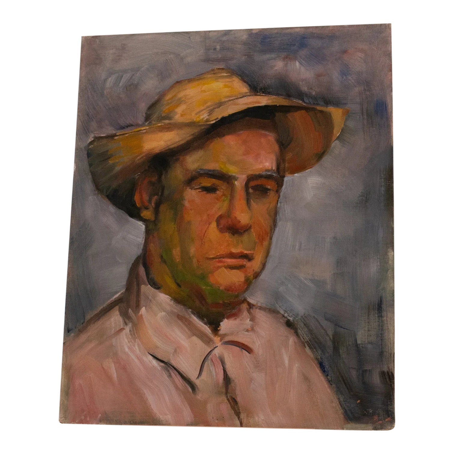 Vintage Original Portrait Oil Painting of a Man Wearing His Hat | Chairish