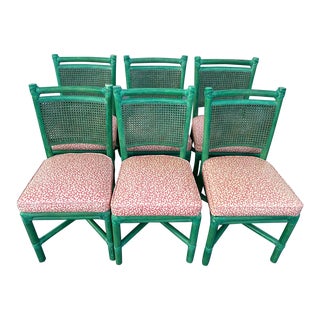 McGuire Tagged Double Cane X Base Factory Finish Grasshopper Green Chairs- Set of 6 For Sale