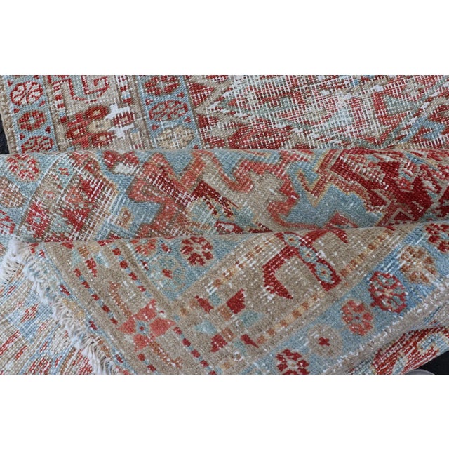 Antique Persian Heriz Runner With Geometric Design in Soft Red and Sky Blue 2'10 X 10'1 For Sale - Image 12 of 13