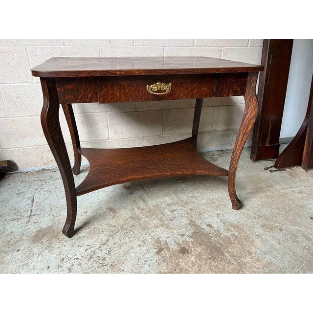 American Antique Tiger Oak Library Table Desk. 19th Century. For Sale - Image 3 of 9