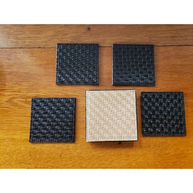 American Set of 4 Vintage Woven Leather Drink Coasters in Holder For Sale - Image 3 of 3