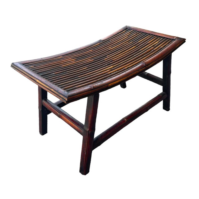 Coastal Pair of Rattan Bamboo Curved Benches | Chairish