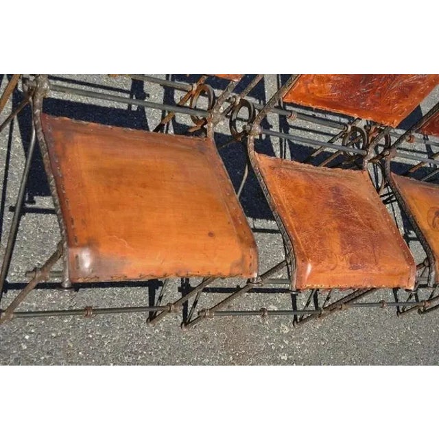 Brown Brutalist Ilana Goor Style Iron & Glass Dining Set, Table & 8 Leather Chairs - Set of 9 For Sale - Image 8 of 11
