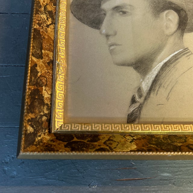 Art Deco 1940’s Original Art Deco Male Portrait Charcoal Drawing For Sale - Image 3 of 4