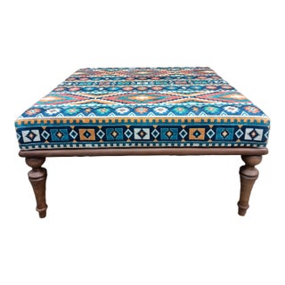 Blue Orange Rug Print Fabric Upholstered Square Coffee Table For Sale