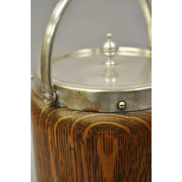 Antique H.C. & C. English Silver Plate and Oak Biscuit Barrel With Lid and Liner For Sale In Philadelphia - Image 6 of 12