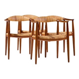Hans Wegner for Johannes Hansen Jh 501 Mid Century Cane and Teak Dining Chairs - Set of 4 For Sale