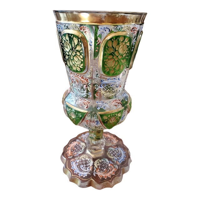 Antique Moser Bohemian Glass Raised Gold Glass Goblet For Sale