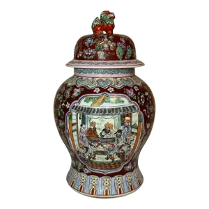 Early 20th Century Chinese Ginger Jar Ming Dynasty Scenes Foo Dog Finial