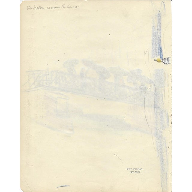 Italian 1940s Grace Spongberg Umbrellas Crossing the Arno Florence Italy Drawing For Sale - Image 3 of 3