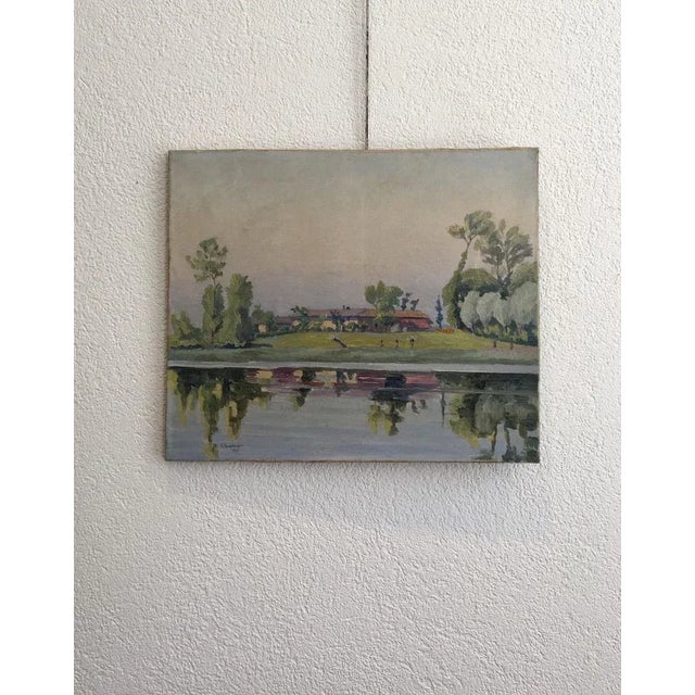 A. Augsburger, Paysage au bord du lac, 1927, Oil on Canvas For Sale - Image 6 of 8