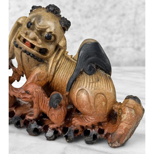 Antique 9" Traditional Chinese Soapstone Foo Dog & Cubs Sculpture For Sale - Image 9 of 10