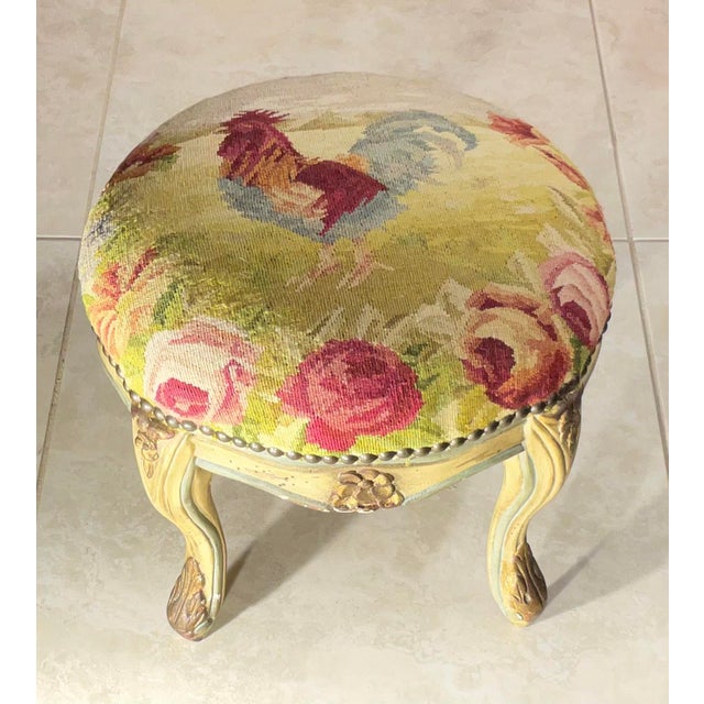1960s Vintage French Tapestry Footstool – Hand-Made Rooster & Floral Needlepoint. For Sale - Image 5 of 14
