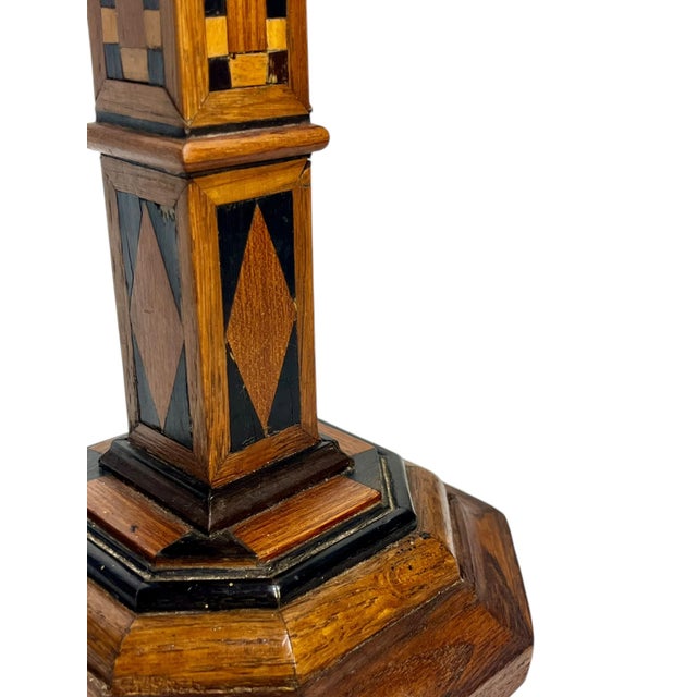 Antique Italian Marquetry Inlaid Wood Candlesticks – Pair With Octagonal Bases For Sale - Image 11 of 18