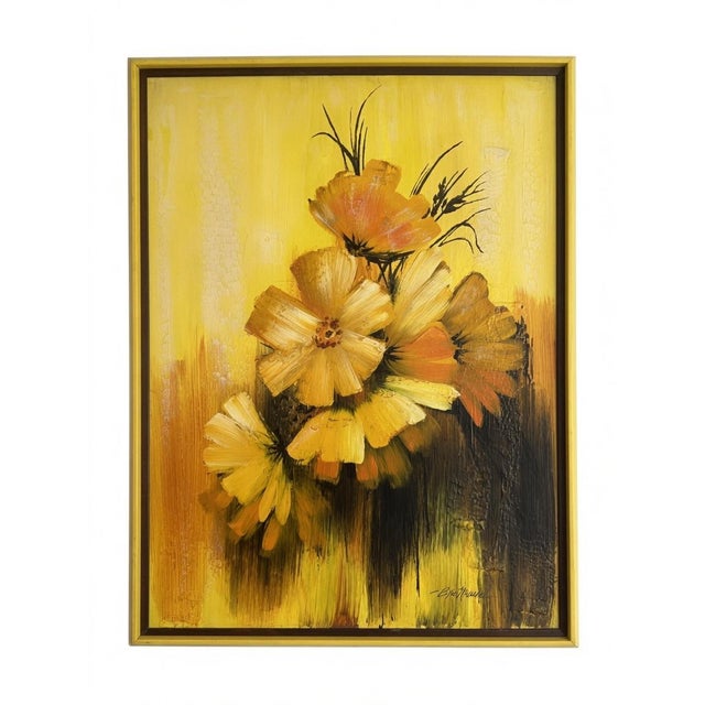 Mid-Century Modern Vintage Eric Marshall Yellow & Orange Floral Painting Mid-Century Modern Impasto Flower Art Signed Original For Sale - Image 3 of 3