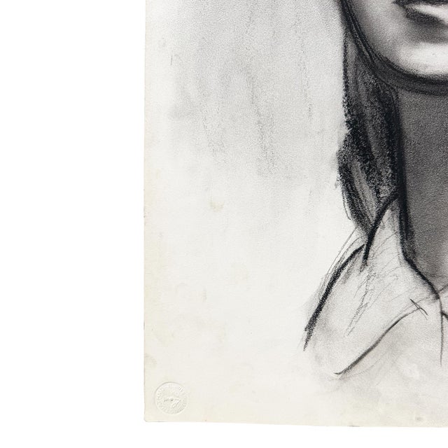 Mid-Century Modern Black and White Charcoal Portrait Drawing of a Woman on Paper - Signed 1959 For Sale - Image 3 of 8