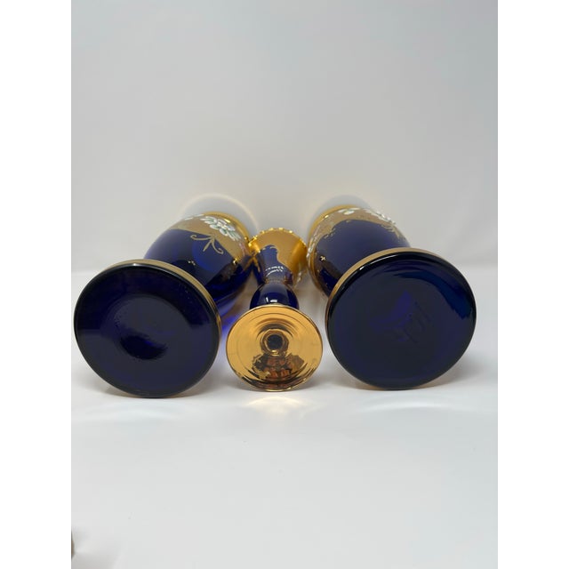 Signed Antique Moser Karlsbad Cobalt & Gilt Enamel Art Glass Garniture Set, 3 Pieces, Circa 1900 For Sale - Image 11 of 11