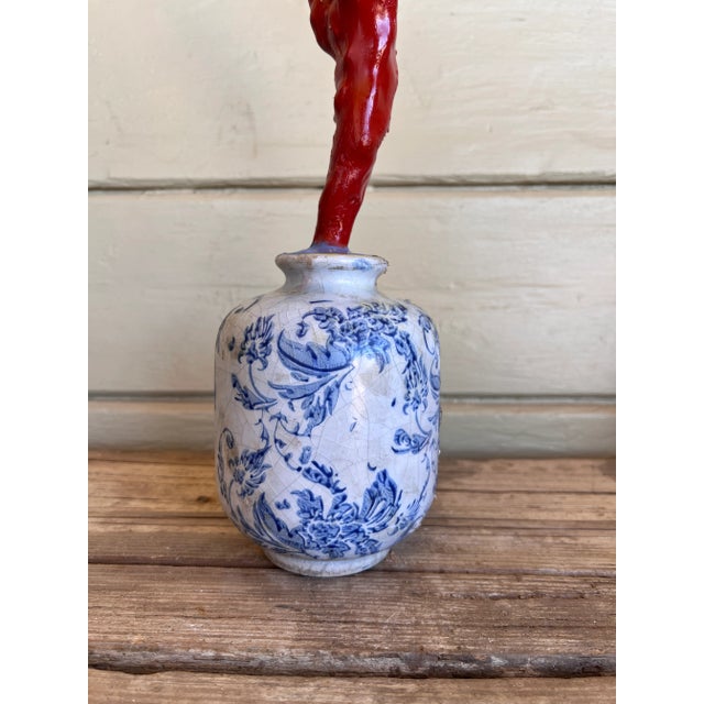 Ceramic Tall Chinoiserie Chic Style Faux Red Coral Specimen in Blue & White Vase For Sale - Image 7 of 9