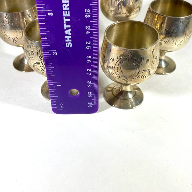 Metal 1960s Silverplate Etched Cordial Goblets - Set of 6 For Sale - Image 7 of 10