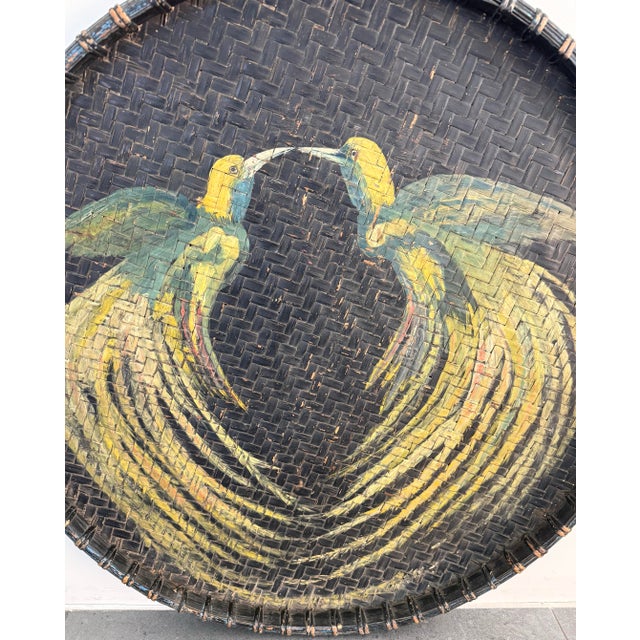 Folk Art Large Vintage Wicker Basket Tray With Hand Painted Birds of Paradise For Sale - Image 3 of 11