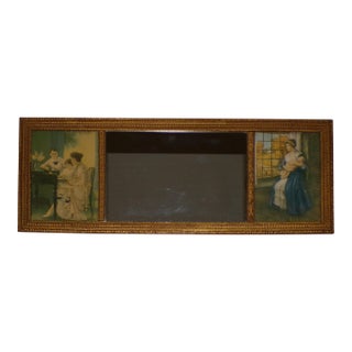 Vintage Gold Gilt Framed Mirror Two Prints Antique Tryptic Tripart Wall Mirror For Sale