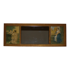Vintage Gold Gilt Framed Mirror Two Prints Antique Tryptic Tripart Wall Mirror