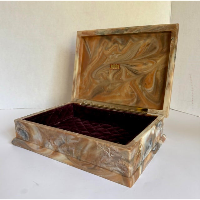 Vintage Avondale Marbled Crushed Glass Jewelry Box With Rolls Royce Silver Ghost 1923 Relief For Sale - Image 12 of 12