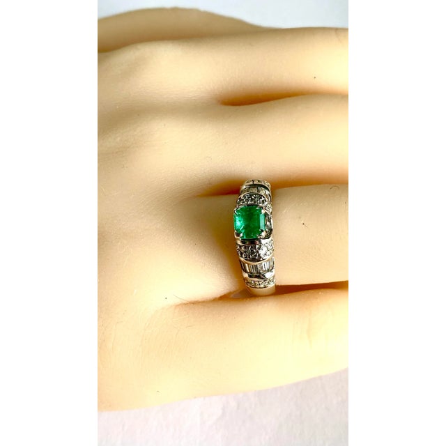 Mid-Century Modern Vintage Emerald Shaped Emerald Baguette Round Diamond 14k White Gold Ring Size 6 For Sale - Image 3 of 9