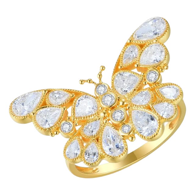 Nina Zhou Butterfly Diamond Cocktail Ring in 14k Yellow Gold, size 7 For Sale